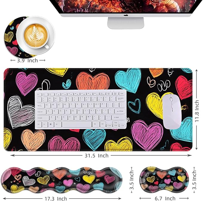 Mouse PadLarge Desk Mat Set 4in1 XL Mousepad + Keyboard Wrist Rest+Mouse Wrist Rest+Coaster with Ergonomic Desk Pad for Home Office Table Computer Cover -Colorful Chalk Drawn Hearts