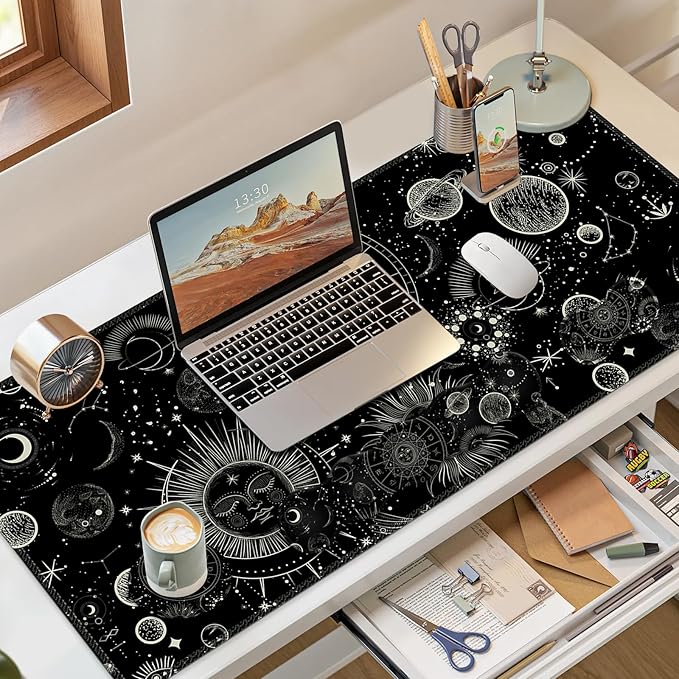 Gaming Mouse Pad Keyboard Wrist Support 4 in1 Mousepad Set with Wrist Keyboard Rest Computer Desk Mat Non-Slip Desk Pad Protector with Memory Foam Easy Typing Pain Relief I Moon Sun Cosmic