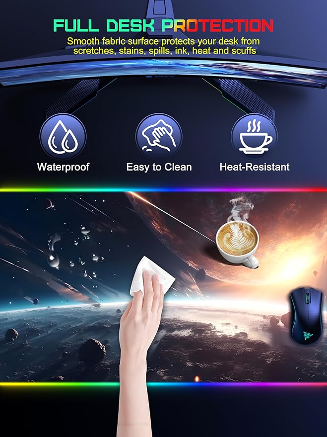 TopMade Wireless Charging Mouse Pad RGB Gaming Mousepad 35.4 x 15.8 Extra Large Waterproof Keyboard Desk Pad Computer Desk Mat Cosmic Planet (Includes 20W PD Power Adapter &amp 6.56ft Woven Cab