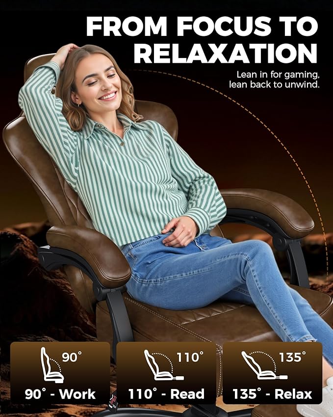 GTPLAYER Big and Tall Gaming Chair with Footrest Ergonomic Office Desk Chair with 4.4in Thick Cushion and Wide Wingless Seat Comfortable Leather Computer Chair Predator Series Rustic Brown