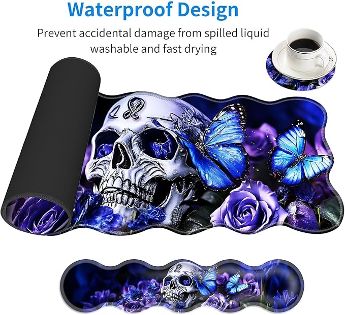 Large Mouse Pad and Keyboard Wrist Rest Desk Pad for Keyboard and Mouse 4-in-1 Large Gaming Mouse Pad with Wrist Support Desk Mat for Home Office Study Game-Skull and Butterflies