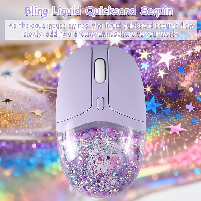 Wireless Mouse with Liquid Quicksand Sequins 2.4GHz &amp Bluetooth Dual Mode Rechargeable Silent Cute Aqua Mouse with LED Light Portable Water Mice for Laptop PC Tablet MacBook Kids Adults Gift (Purp