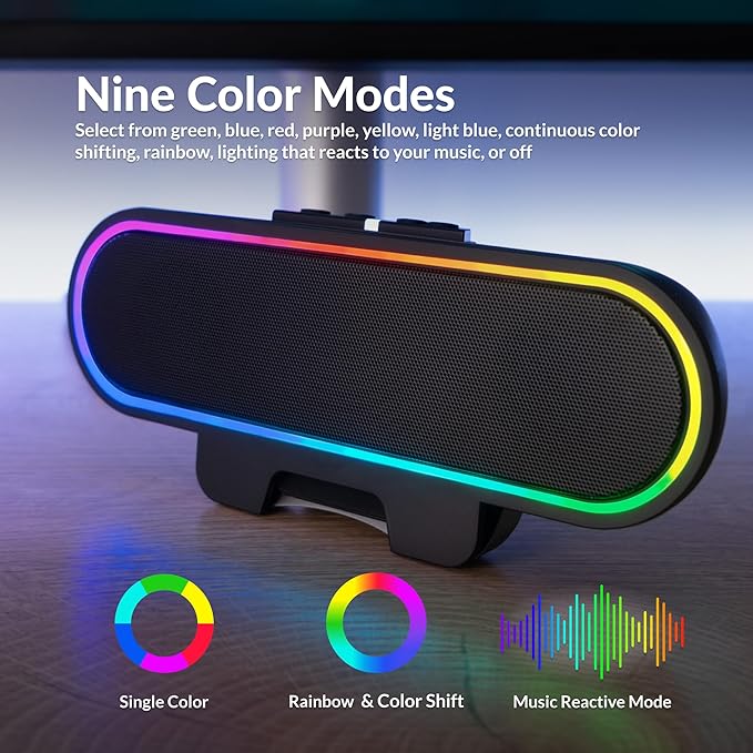 Cyber Acoustics USB Speaker Bar with LED Lights (CA-2890GX) – USB Powered Speaker Bar for PC and Mac Dynamic LED Lights Sync to Music Clamps to Monitors up to 1.5 Inches Great for Music and Gaming