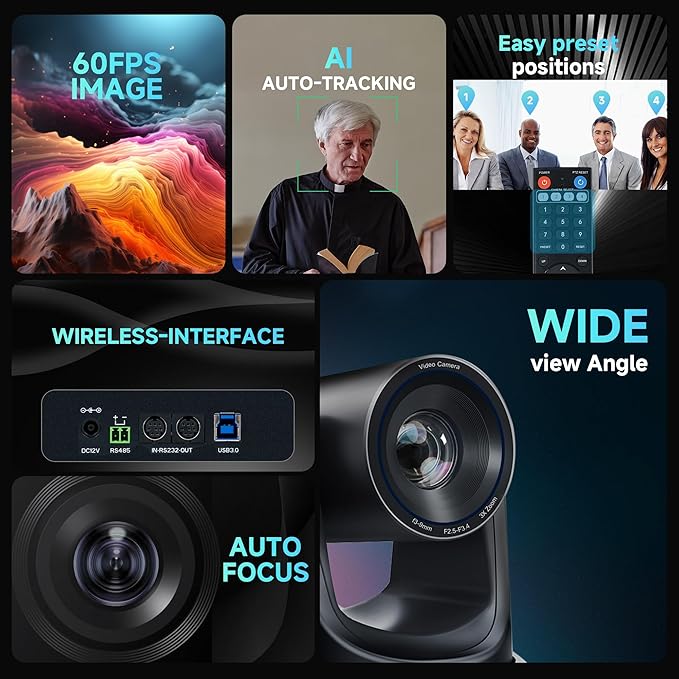 TONGVEO AI Wireless PTZ Camera System with Auto Tracking Built-in Receiver &amp Bluetooth Speakerphone 5.8GHz 1080P 60fps Conference Camera with 3X Optical Zoom for Church Zoom OBS Meetings