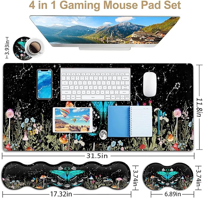 Large Mouse Pad Ergonomic Mouse Wrist Support + Keyboard Wrist Rest Set+ Extended Gaming Mouse Pad Moth Moon Phase Witchy Office Desk Mat Black Writing Mat Laptop Protector Accessories Desk Pad