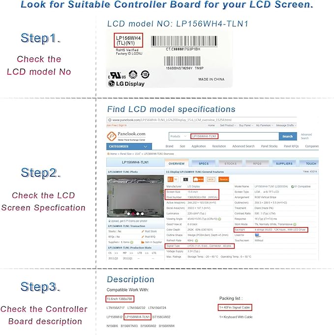 VSDISPLAY LCD Controller Board Work for 14 15.6 1366x768 b140xw03 v.0 N156B6 LP156WH4 TL B156XW02 LP140WH1 LP140WH3 TL LTN140AT02 LTN140AT07 B156XW04 B156XTN02.1 40Pin LVDS LCD Screen