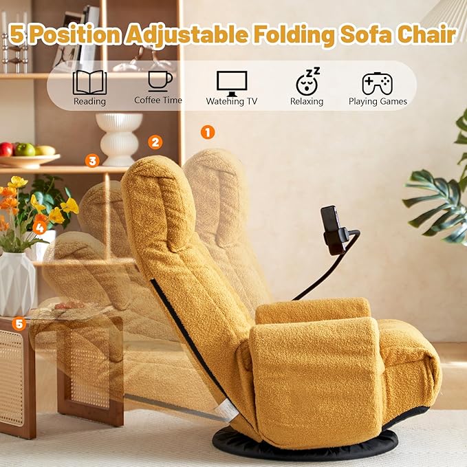 360° Swivel Gaming Floor Chair 5 Position Adjustable Folding Sofa Chair with Armrests &amp Phone Holder Cushion Padded Indoor Chaise Lounge for Adults Home Office Floor Leisure Chairs Yellow