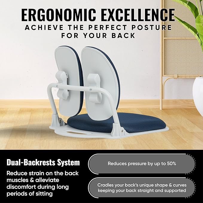 Made in Korea Dual-Backrests Ergonomic Floor Chair With Back Support - Meditation Gaming Reading Chair for Adults Foldable (Blue)