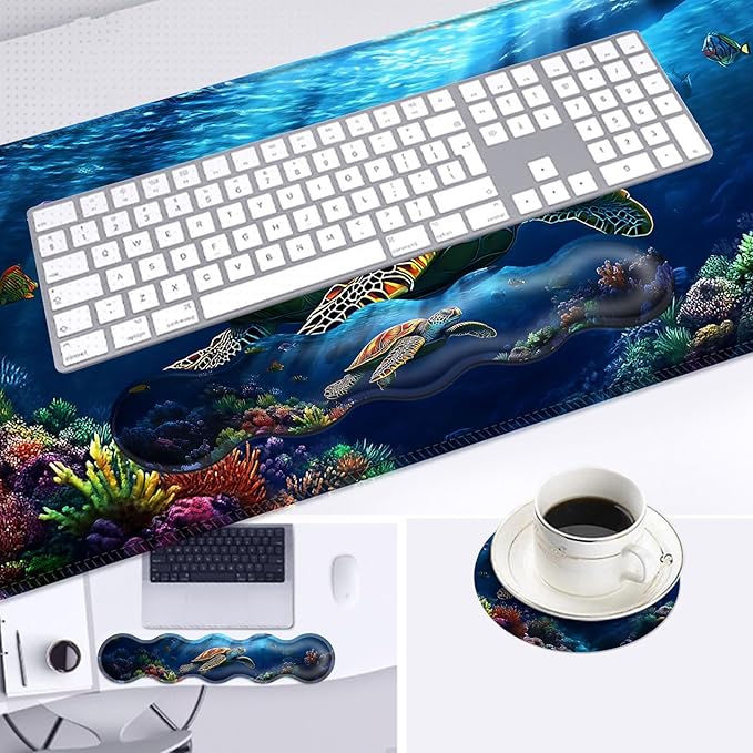 Large Mouse Pad and Keyboard Wrist Rest Desk Pad for Keyboard and Mouse 4-in-1 Large Gaming Mouse Pad with Wrist Support Desk Mat for Home Office Study GameTurtle Swimming in Ocean