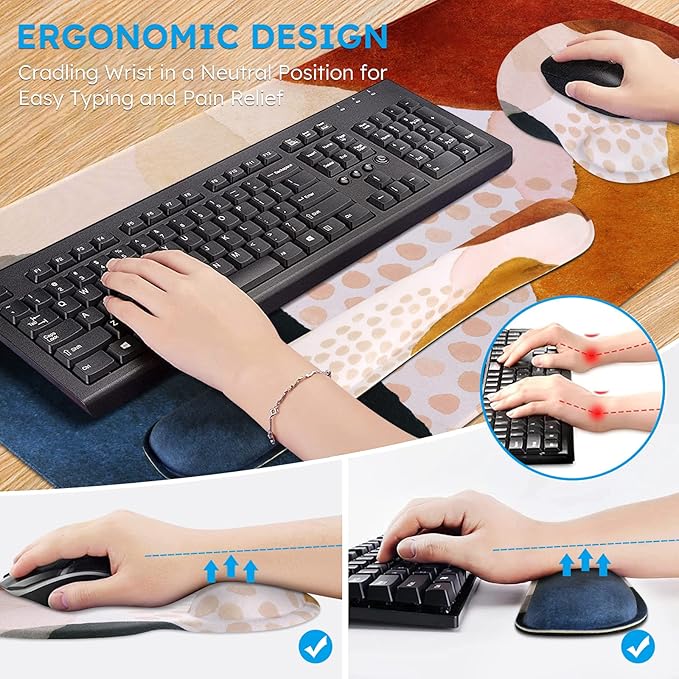 iCasso Desk Mat Gaming Mouse Pad Wrist Support Set4in1 XXL Large Mousepad + Keyboard Wrist Rest+Mouse Wrist Rest+Coaster Set with Ergonomic Design for Home Office Table Computer-Color Block