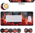 Mouse PadLarge Desk Mat Set 4in1 XL Mousepad + Keyboard Wrist Rest+Mouse Wrist Rest+Coaster with Ergonomic Desk Pad for Home Office Table Computer Cover -Wolf with Roses and Flames