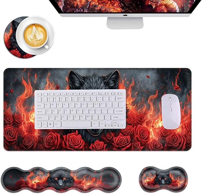 Mouse PadLarge Desk Mat Set 4in1 XL Mousepad + Keyboard Wrist Rest+Mouse Wrist Rest+Coaster with Ergonomic Desk Pad for Home Office Table Computer Cover -Wolf with Roses and Flames