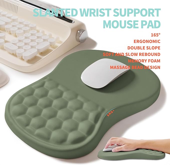 2-in-1 Ergonomic Set Wave Rise Keyboard Wrist Rest and Massage Bulge Slope Mouse Pad Wrist Support Cushion Memory Foam Integrated to Relieve Wrist Pain Olive Green