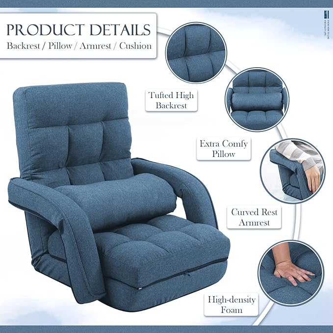 Indoor Floor Chair with Armrest and PillowFolding Chaise Lounge Chair for BedroomFloor Gaming Recliner Chair for Adult42-Position Adjustable Floor Chair for Living RoomGaming Room (Blue)