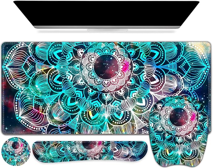 Large Mouse Pad with Wrist Support 4 in1 Set XXL Big Game Mousepad + Keyboard Wrist Rest+Mouse Wrist Rest+Coaster Ergonomic Gaming Mat for Home Office Table Computer I Nice Green Mandala