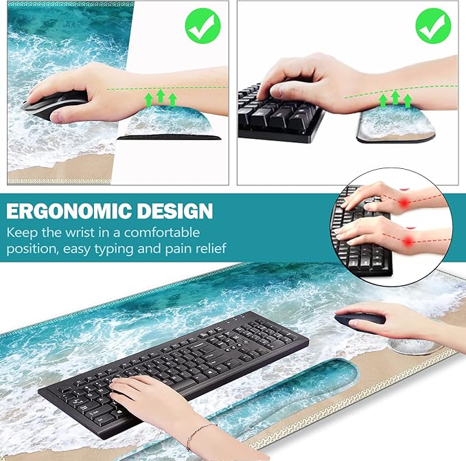 ARTSO Extended Gaming Mouse Pad Set Keyboard Wrist Rest Support Pad + Wrist Cushion + XXL Large Mouse Pad + Coaster Stitched Edge Non-Slip Memory Foam Desk Mat Beach Waves