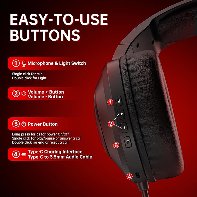 AOC Bluetooth Gaming Headset with Mic for PC PS5/4 Nintendo Switch 2.4GHz Wireless Gaming Headphones with RGB USB-C 7.1 Virtual Surround 20ms Latency 45H Playtime- Red