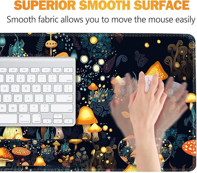 ARTSO Large Gaming Mouse Pad Keyboard Wrist Rest Pad &amp Wrist Support Mousepad Set Stitched Edge Extended Non-Slip Base Memory Foam Desk Mat for Office Home Cute Mushrooms