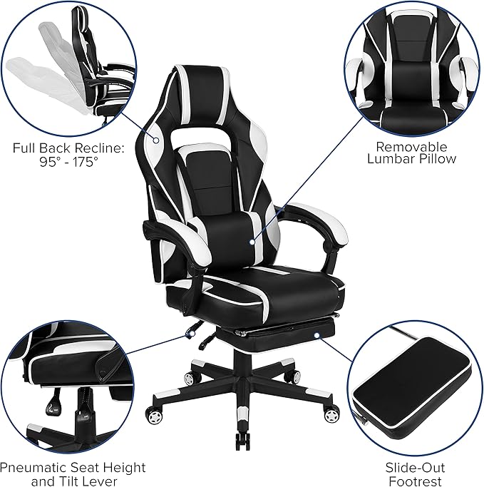 Flash Furniture X40 Gaming Chair Racing Ergonomic Computer Chair with Fully Reclining Back/Arms Slide-Out Footrest Massaging Lumbar - White