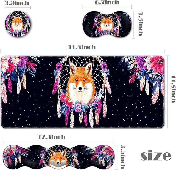 Ergonomic Keyboard Wrist Rest &amp Mouse Pad Wrist Rest SetXL Gaming Desk Mat 31.5x 11.8Non-Slip BaseMemory FoamEasy Typing Pain Relief for Office &amp HomeFox in Floral Dreamcatcher