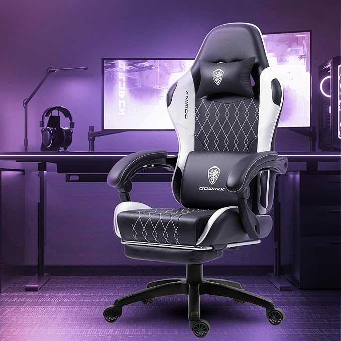 Dowinx Gaming Chair with Massage Lumbar Support and Footrest Gaming Chairs for Adults Ergonomic Computer Chair High Back with Pocket Spring Cushion Swivel Recliner with Headrest Black and White
