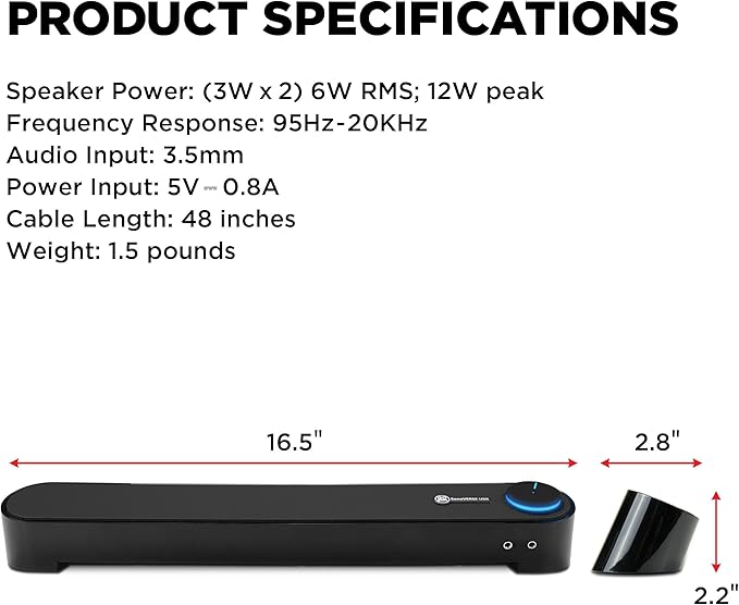 GOgroove Computer Speaker Mini Soundbar - USB Powered PC Sound Bar with Easy Setup Wired AUX Stereo Audio Microphone Port Volume Control Knob Under Monitor Design for Desktop (Blackout)