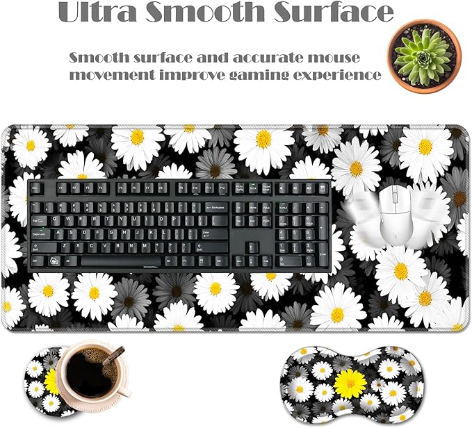 Ergonomic Keyboard Wrist Rest &amp Mouse Pad Wrist Rest SetXL Gaming Desk Mat 31.5x 11.8Non-Slip BaseMemory FoamEasy Typing Pain Relief for Office &amp HomeYellow Daisy