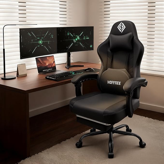 HOFFREE 3D Kneading Massage Gaming Chair with Heated Massage Lumbar Support Office Computer Chairs for Adults with Footrest Ergonomic Comfy Game Chair for Gaming Office 400lbs Grey