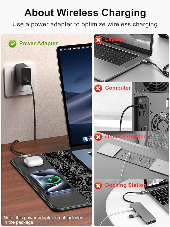TopMade Mouse Pad with 15W Fast Wireless Charging 31.5x15.75 XXL Large Gaming Waterproof Desk Pad with Ultra-Smooth Surface Non-Slip Base Computer Desk Mat Black Topographic Map #3