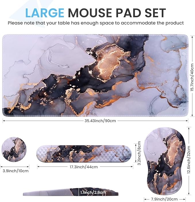 Desk Pad Mat Large Mouse Pad with Wrist Rest Ergonomic Keyboard Wrist Support XXL Carpal Tunnel Mousepad Set with Coaster Computer Keyboard Matt for Laptop Desktop White Gray Marble