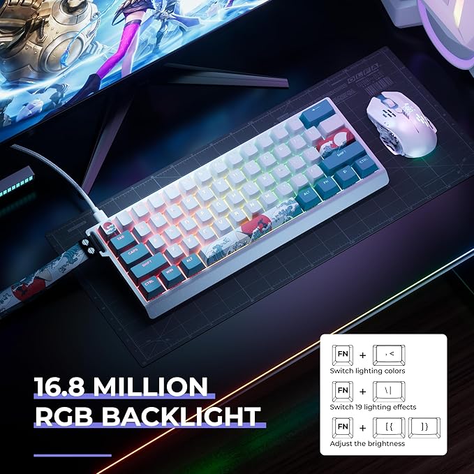 HITIME x XVX 60% Percent Keyboard with Strap H61 Wired Aluminum Gaming Keyboard Hot Swappable Kanagawa Anime PBT Keycaps RGB Backlit Cherry Profile Sound Absorbing Pads Creamy Linear Switch