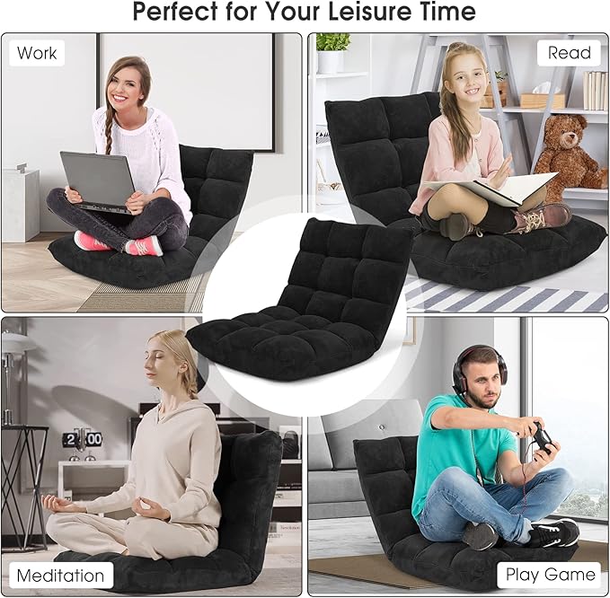 Byroce Folding Floor Gaming Chair 14-Position Adjustable Lazy Padded Sleeper Sofa Bed with Back Support Couch Recliner Floor Chair for Meditation Reading in Bedroom Living Room (Black)