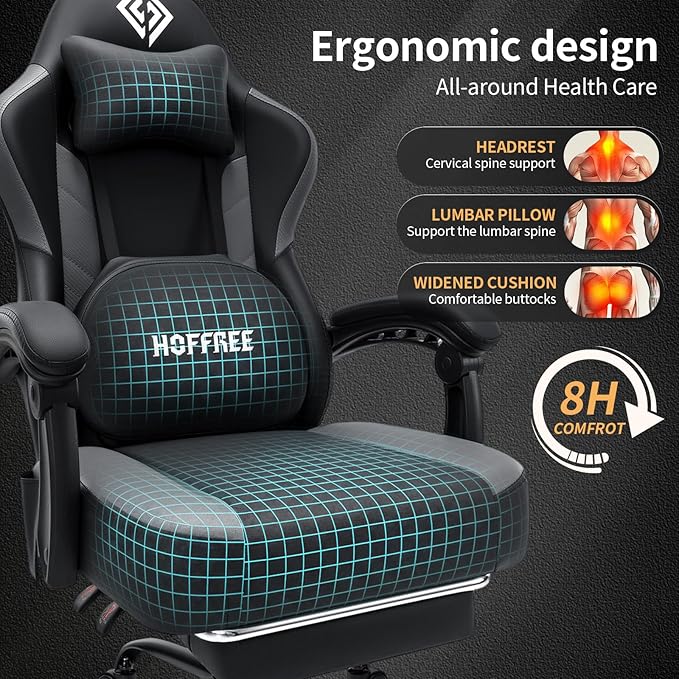 HOFFREE 3D Kneading Massage Gaming Chair with Heated Massage Lumbar Support Office Computer Chairs for Adults with Footrest Ergonomic Comfy Game Chair for Gaming Office 400lbs Black
