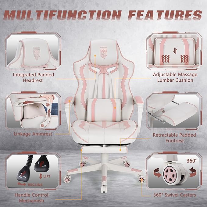 Vonesse Gaming Chair for Girls Pink Computer Gaming Chairs for Adults Reclining Gamer Chair with Footrest with Massage Ergonomic Home Office Chair High Back (White/Pink)