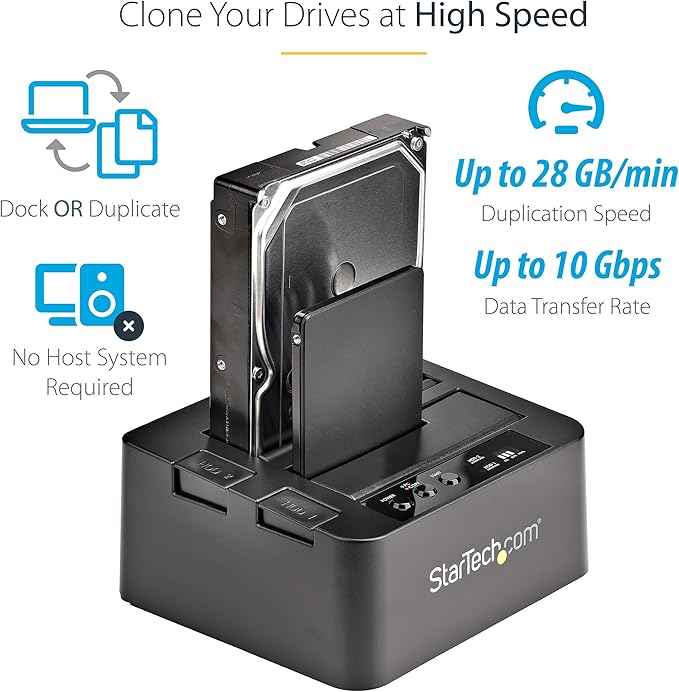 StarTech.com Standalone Hard Drive Duplicator External Dual Bay HDD/SSD Cloner/Copier USB to SATA III Docking Station