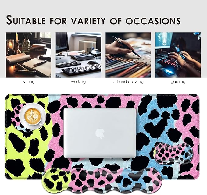 Large Keyboard Mouse Pad Set Extended Mouse Pad+Keyboard Wrist Rest Support Memory Foam Ergonomic Easy Typing 4Pcs (31.5×11.8 in) Desk Pad Set for Office HomeLeopard Print