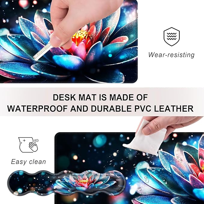 Mouse PadLarge Desk Mat Set 4in1 XL Mousepad + Keyboard Wrist Rest+Mouse Wrist Rest+Coaster with Ergonomic Desk Pad for Home Office Table Computer Cover -Sparkling Blue Pink Lotus