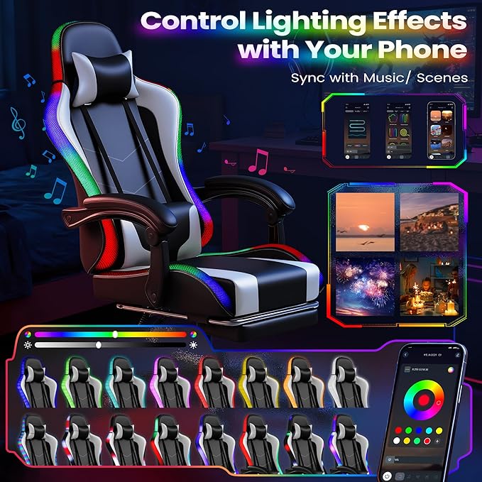 Homall Gaming Chair Video Game Chair with Footrest and Massage Lumbar Support Ergonomic Computer Chair Height Adjustable with Swivel Seat and Headrest (RGB Lvory)