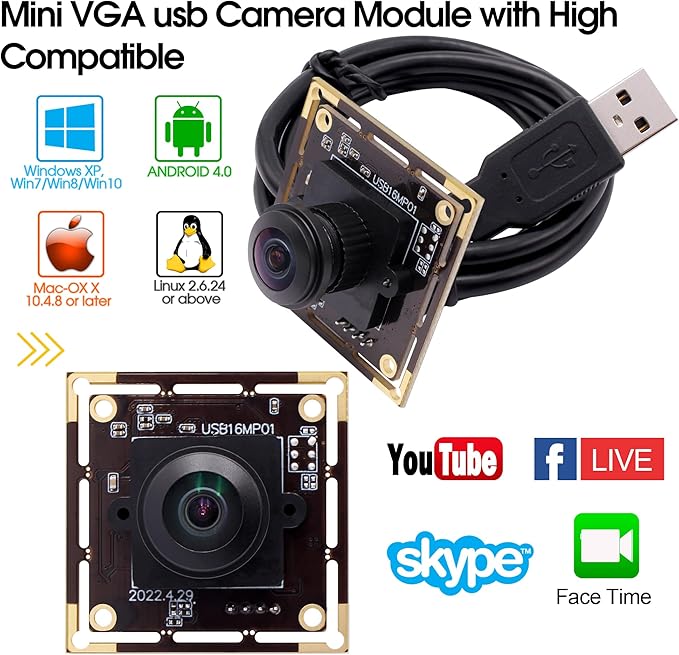 16MP Wide Angle USB Camera Module with 180 Degree Fisheye Lens Ultra HD 3496P Security USB Camera Board for Linux Windows Android MAC Machine Vision Webcam Support UVC Plug &amp Play