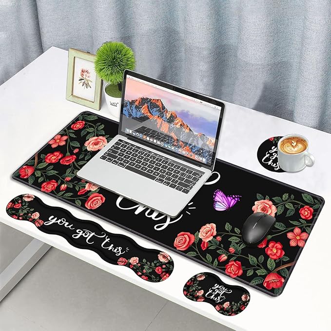 4 in 1 Ergonomic Memory Foam Mouse Pad Wrist Rest Set Large XXL Gaming Desk Pad + Keyboard Wrist Rest + Mouse Wrist Cushion + Coaster for Home Office Study Gaming You Got This Inspirational Quote