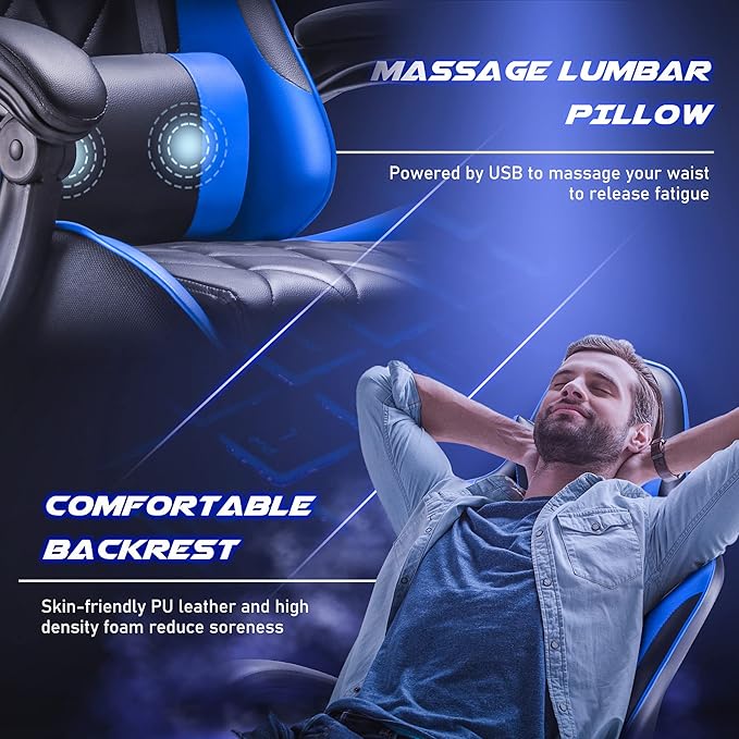 Homall Gaming Chair Computer Chair with Footrest and Massage Lumbar Support Ergonomic High Back Video Game Chair with Swivel Seat and Headrest (Blue)