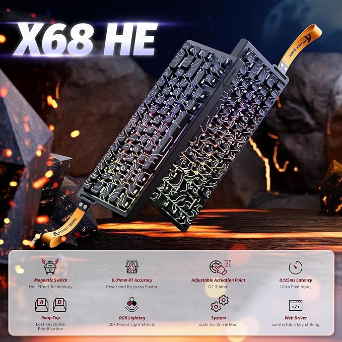 ATTACK SHARK X68 HE 8KHZ Rapid Trigger Keyboard Magnetic Switch0.01 mm RT AccuracyWired RGB 60% Gaming Keyboard TKL with Adjustable ActuationSnap TapCoiled Cablefor PC/Mac(Black Contour)