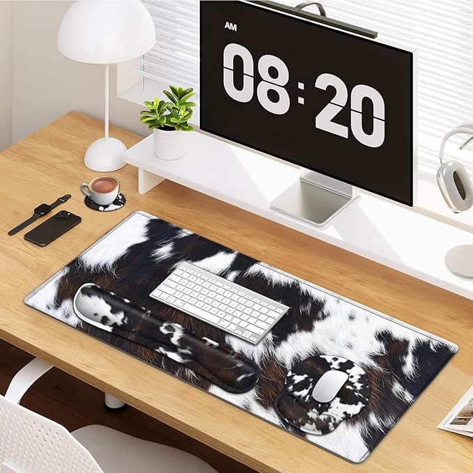 Large Mouse Pad Ergonomic Mouse Pad with Wrist Rest and Keyboard Wrist Rest 4 in 1 Set 31.5 x11.8 inch Extended Desk Pad for Home Office Cute Funy Faux Black Brown Cowhide Fur XXL Gaming Mouse Mat