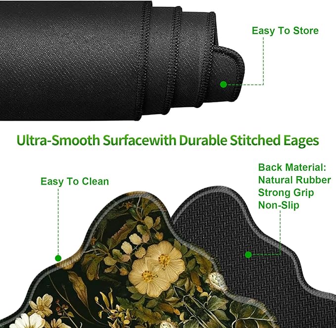 3-Piece Ergonomic Desk Mat &amp Cloud Wrist Rest Set Large 31.5 x 11.8 Wave Office Desk Pad with Memory Foam Support Non-Slip Computer Protector for Home Gaming &amp Writing Mushroom Flower