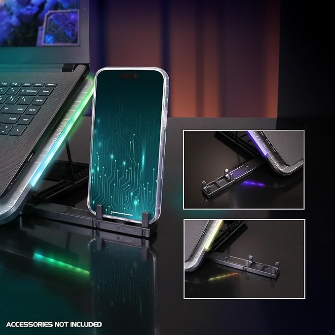 ENHANCE Gaming Voltaic 2 Laptop Cooling Stand - Laptop Cooling Pad with 6 Blue LED Fans 7 Height Settings RGB Lighting - Metal Top Cooler Pad with Phone Stand 2 USB Ports for up to 17 inches