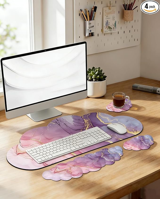 JIKIOU Large Cloud Mouse Pad Waterproof with Cloud Keyboard Wrist Pad and Cloud Mouse Wrist Pad Set Ergonomic Computer Desk Wrist Support Mousepad for Keyboard and Mouse 35.4x15.7in Marble Pink