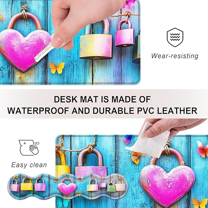 Mouse PadLarge Desk Mat Set 4in1 XL Mousepad + Keyboard Wrist Rest+Mouse Wrist Rest+Coaster with Ergonomic Desk Pad for Home Office Table Computer Cover -Heart Lock and Butterflies