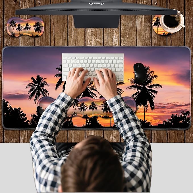 Ergonomic Keyboard Wrist Rest &amp Mouse Pad Wrist Rest SetXL Gaming Desk Mat 31.5x 11.8Non-Slip BaseMemory FoamEasy Typing Pain Relief for Office &amp HomeTropical Sunset with Palm