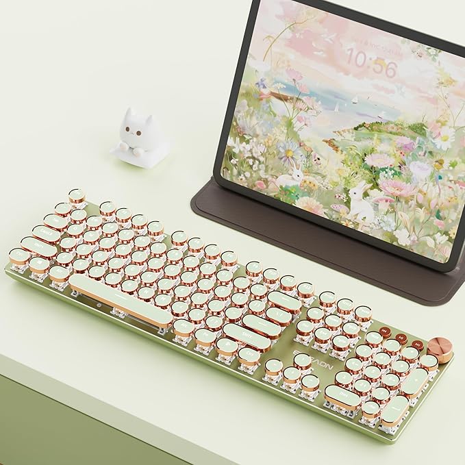 EWEADN V20 Typewriter Keyboard Wireless 104 Keys Typewriter Style Mechanical with White Backlit Media Knob Pink Switch 2.4G/Bluetooth/USB-C Wired Retro Full Size Keyboard for Windows/Mac/PC-Green
