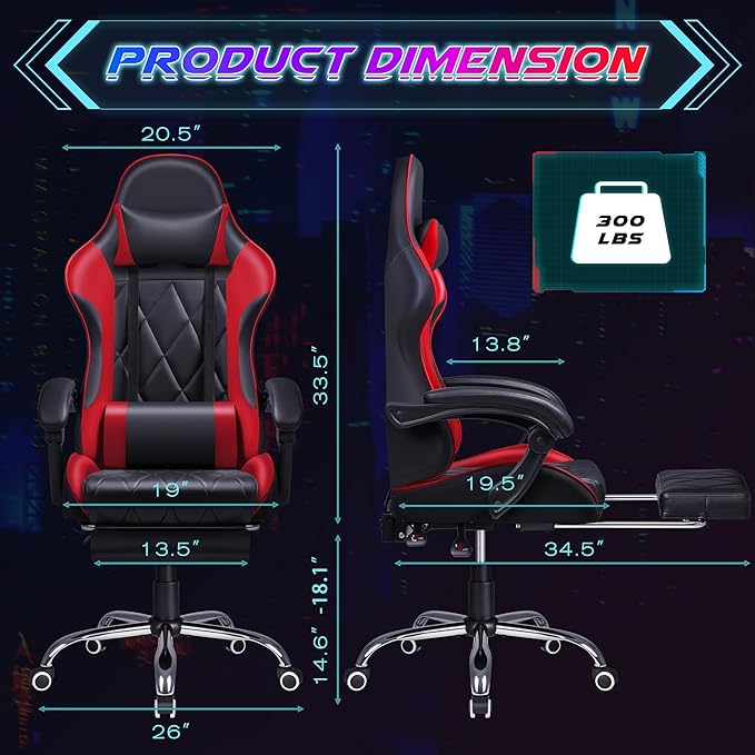 Shahoo Gaming Chair with Footrest and Massage Lumbar Support Computer Game Chairs Ergonomic Office Seat Height Adjustable with Headrest Red